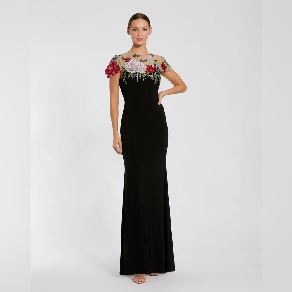 Mac Duggal 11817 NWT Black Floral Embellished Jersey Column Gown